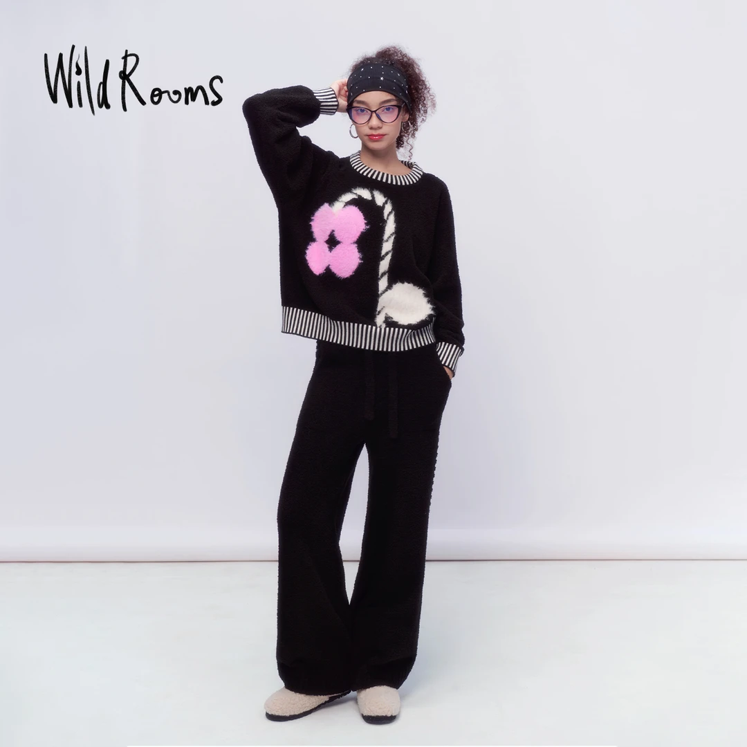 WildRooms黑色套头家居服睡衣套装半边绒圆领可外穿时尚
