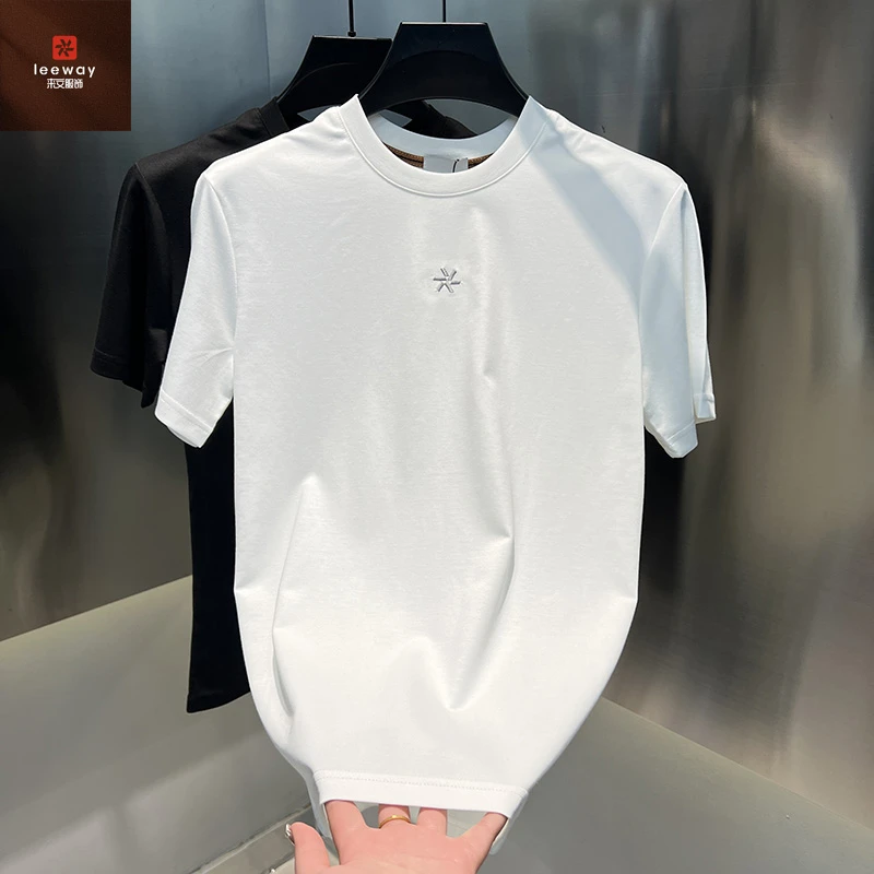 2025春夏男士新款净版时尚小标纯色休闲刺绣T恤潮流夏季百搭半袖