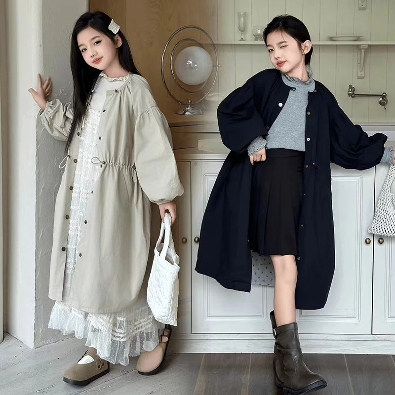女童2025韩版时尚圆领收风衣秋装2025新款洋气女孩中长款大衣外套