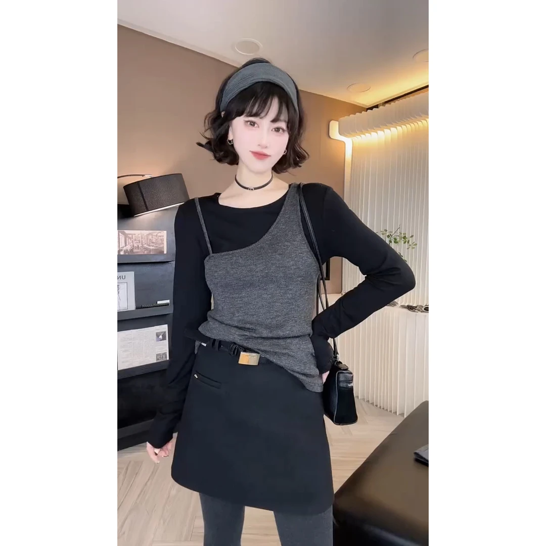 欧货2025秋冬新款撞色假两件洋气时尚设计圆领长袖t袖休闲显瘦