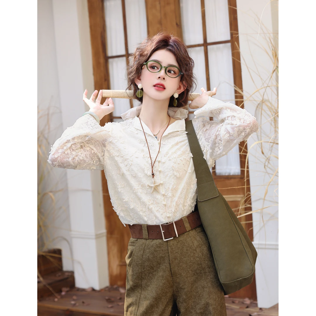 陈大器【月缕霜花】港风复古蕾丝花边长袖百搭宽松衬衫JR3882314