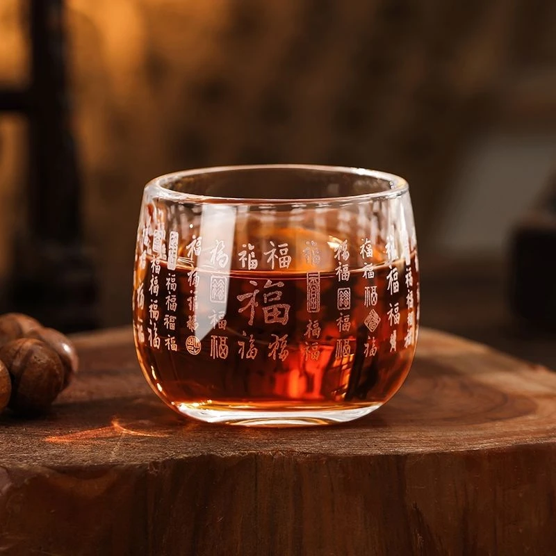 喝茶杯水晶玻璃心经百福主人茶杯百家姓激光雕刻个性耐热泡茶杯