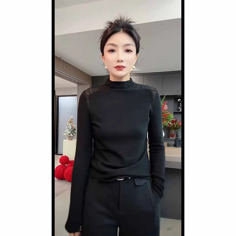 2025秋冬季半高领气质T恤长袖打底衫女时尚修身显瘦百搭上衣