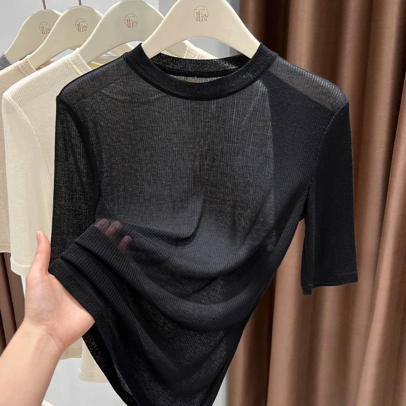 黑色女士薄款细螺纹短袖圆领t恤2025夏季新款打底外穿修身上衣潮