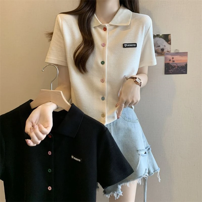 2-300斤特大码华夫格polo衫纽扣短袖t恤女夏新款胖mm显瘦短款上衣