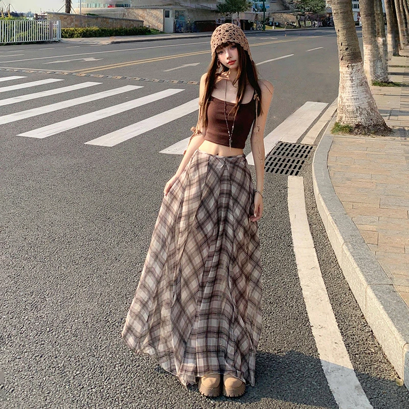 BusrrA字格纹中长款裙子女夏季新款设计感显瘦显高宽松格子半身裙