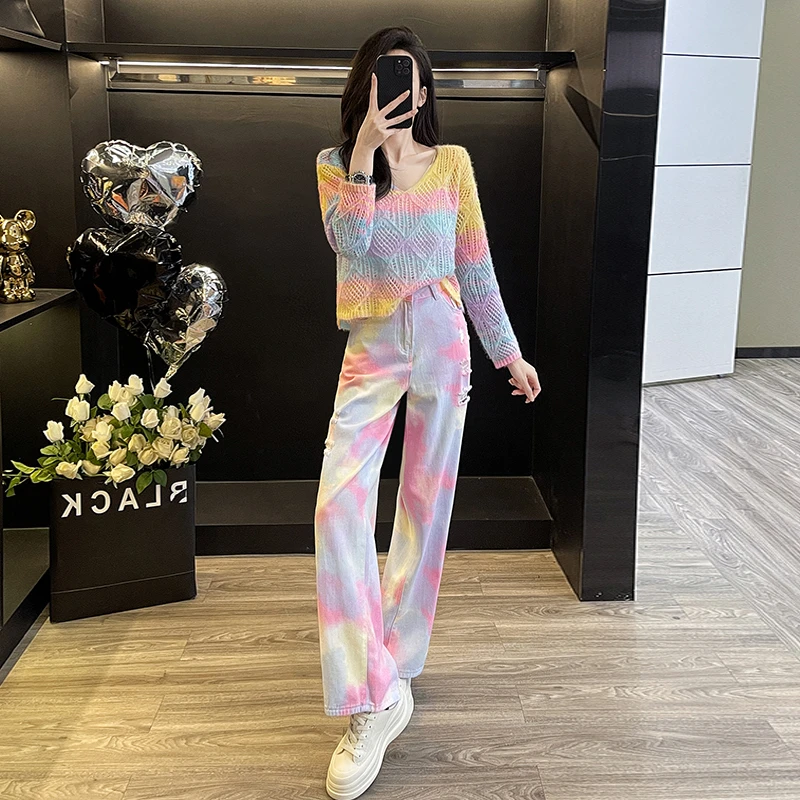 春秋新款时尚套装潮流针织长袖上衣显瘦阔腿牛仔裤气质两件套