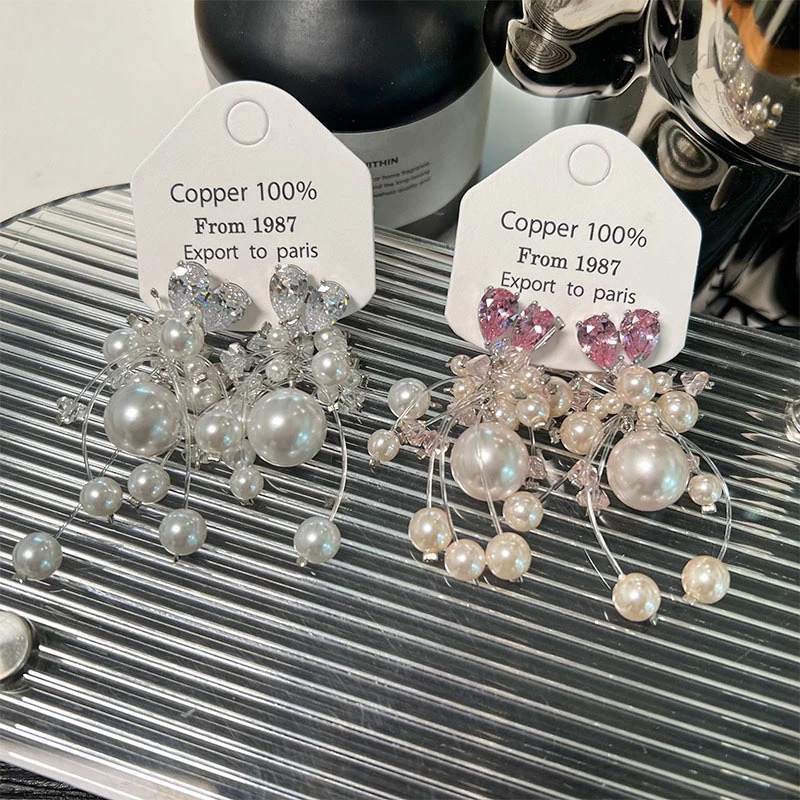 铜合金耳饰 精品/高级感爱心鱼线珠耳环小众设计感耳钉度假风耳饰