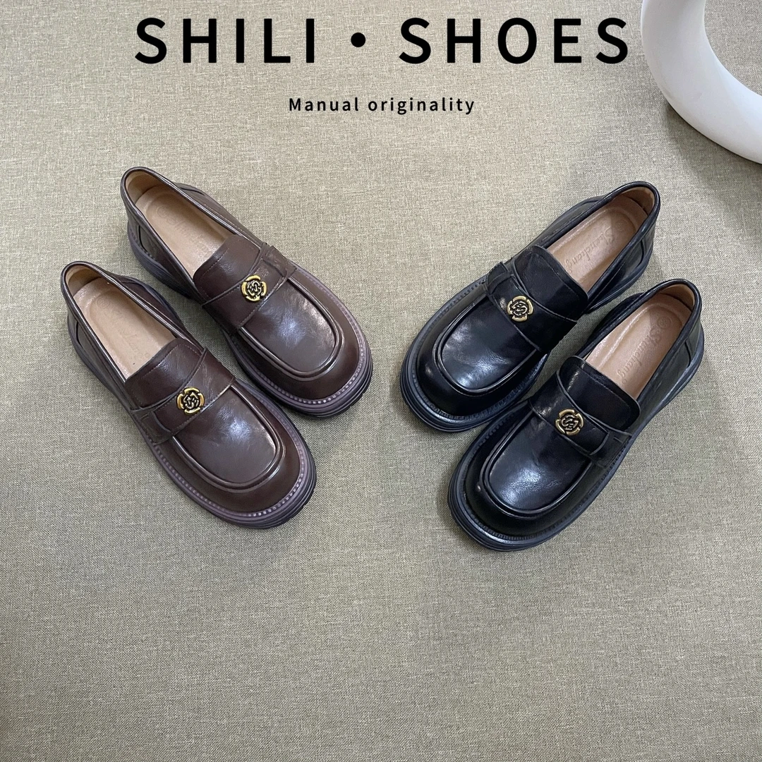 牛皮版~厚底乐福鞋女一脚蹬通勤外穿增高小个子轻奢女款鞋子