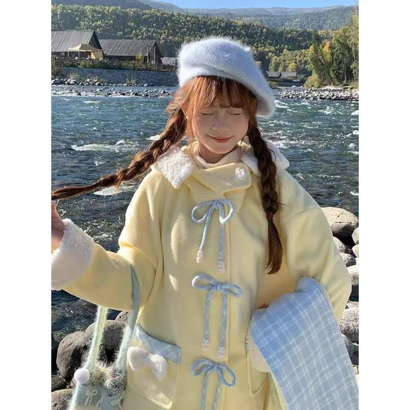 日系甜美风软糯毛领连帽毛呢外套女秋冬设计感小众绝美中长款大衣