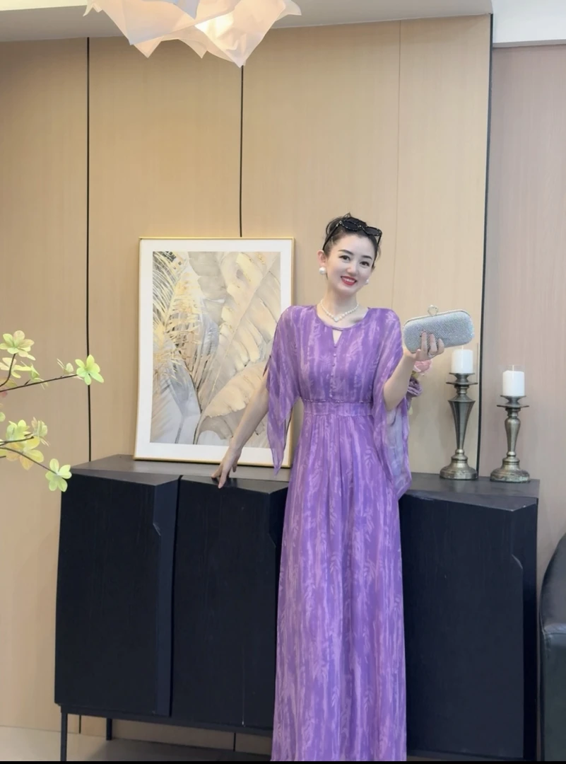 《丹尚爱》紫色碎花连衣裙夏季收腰显瘦气质长款轻奢设计师优雅长裙