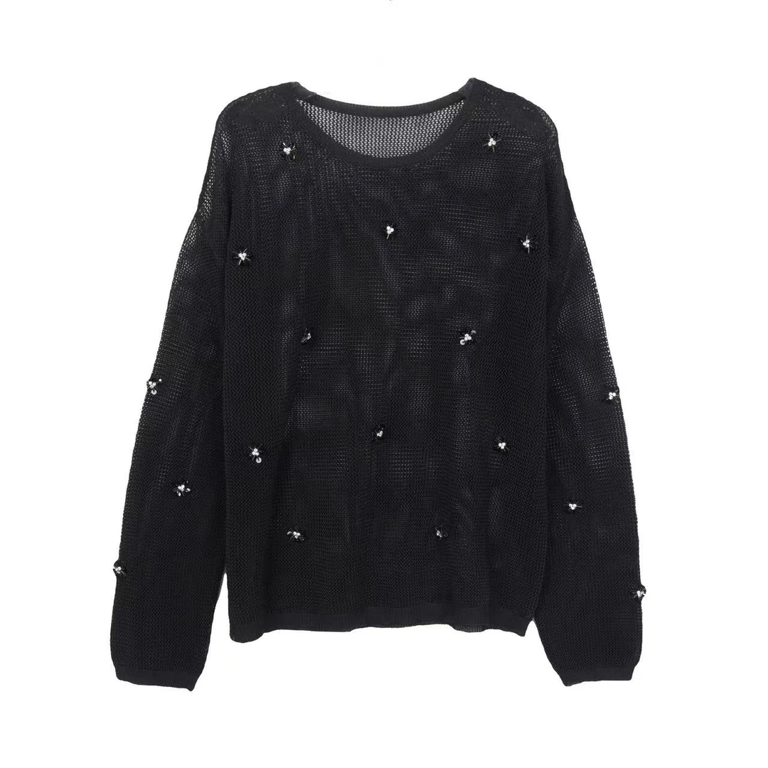 CHUANBAI 川白圆领轻奢时尚桑蚕丝重工镂空花朵套头衫-90083