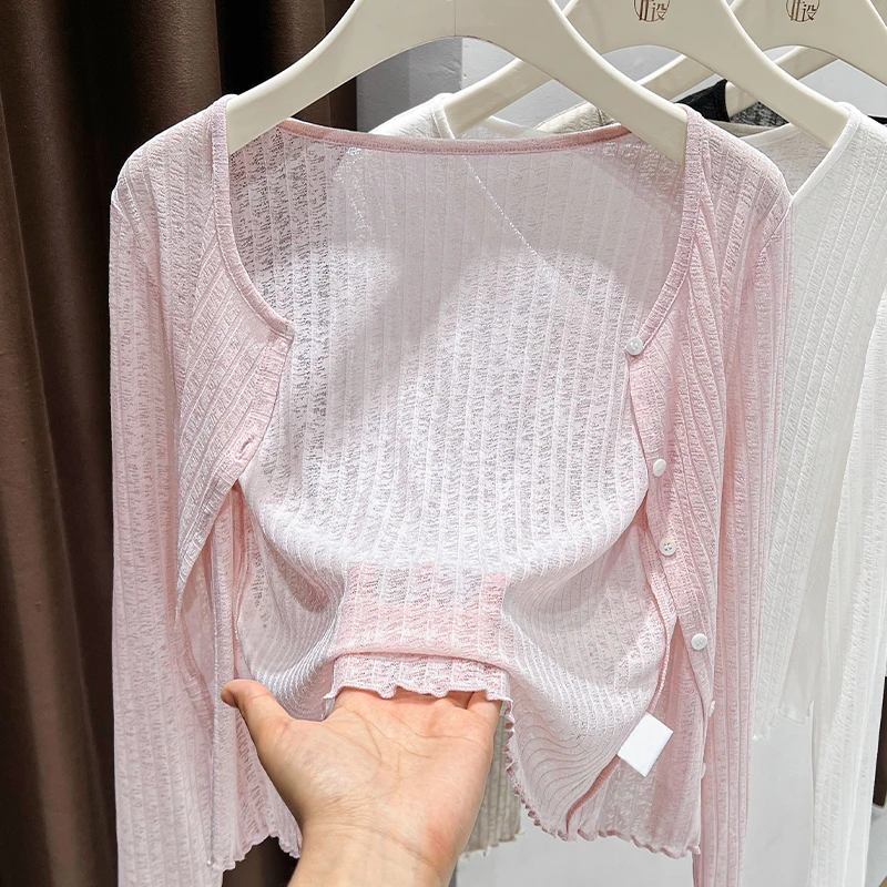 粉色薄款小香风纽扣长袖防晒开衫2025夏配裙子百搭时尚木耳边外套