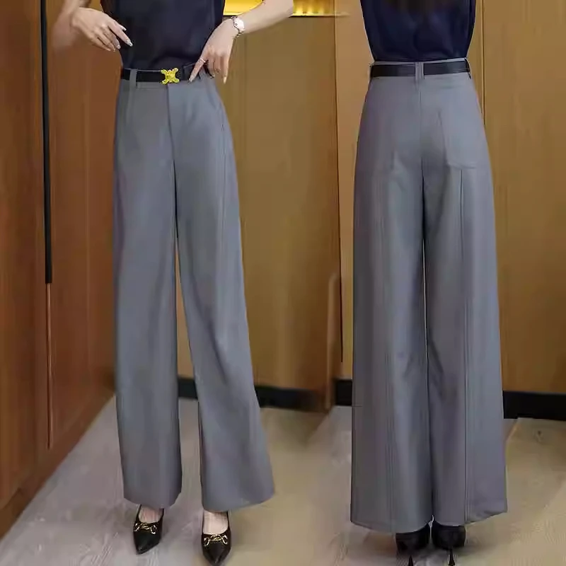 拉夏贝尔高腰阔腿裤微弹力2025年春秋休闲显瘦时尚垂感宽松西装裤