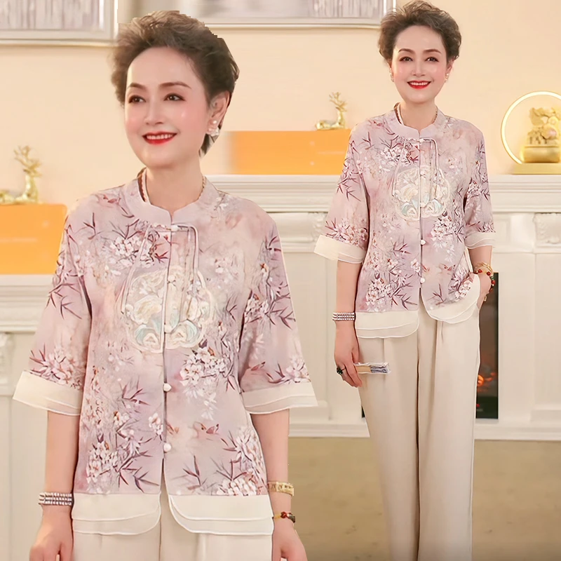 中老年人女妈妈装2025夏季新款绣花国风小衬衫洋气质中长袖上衣服