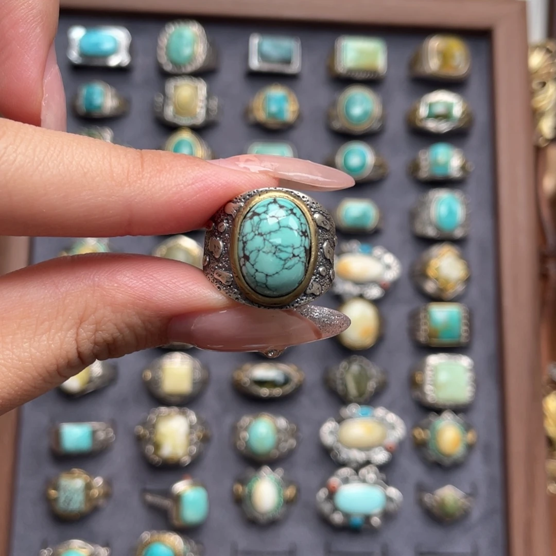 闲***_绿松石银S925镶嵌戒指