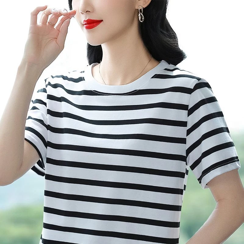 棉质短袖t恤女新品夏装大码条纹宽松上衣半袖体恤衫中年妈妈女装