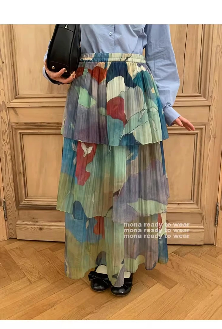 MONA 艺术感印花 压褶蛋糕裙 短长裙中腰半裙三件套小个子 新款