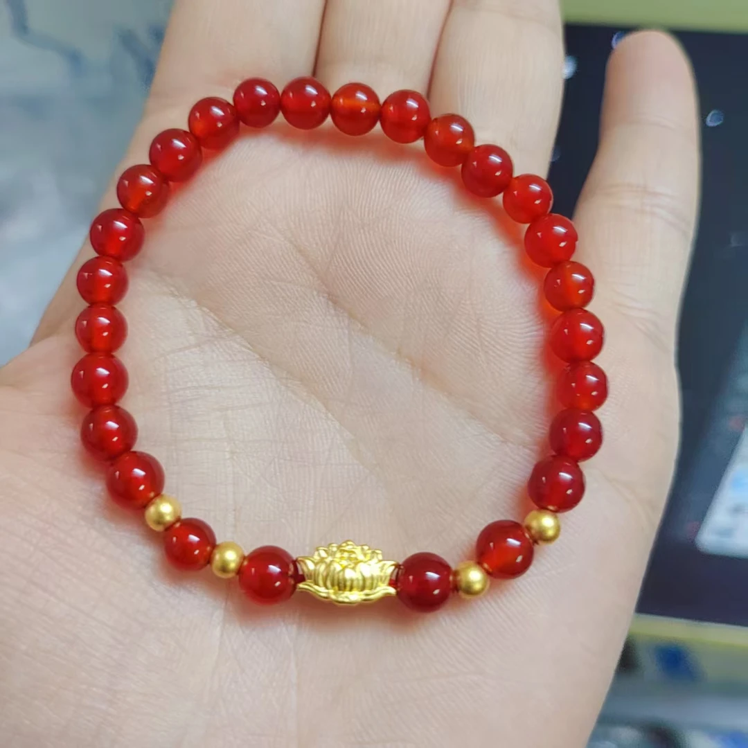 黄金莲花手链女款足金红玛瑙转运珠手串新款女神节礼物好事莲莲女
