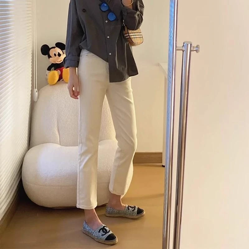 杏色直筒牛仔裤女2025年秋冬季新款白色高腰显瘦弹力小个子九分裤