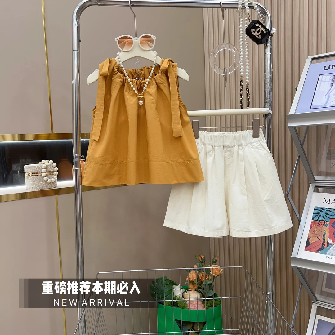 女童2024夏季新款抽绳棉背心+米色短裤休闲两件套-9160