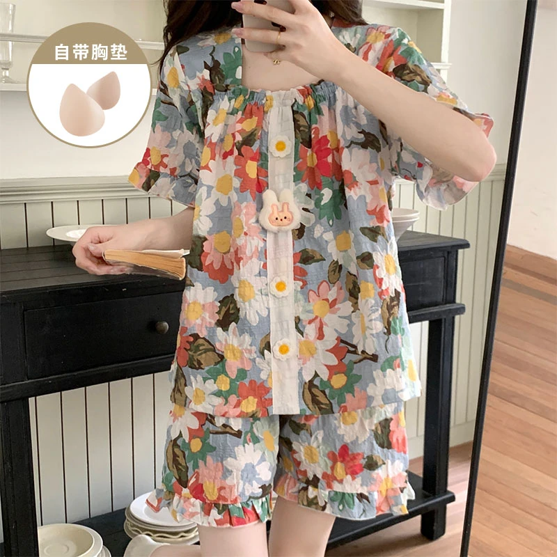 ins风甜美女士带胸垫短袖睡衣女款夏季爆款可外穿家居服两件套装