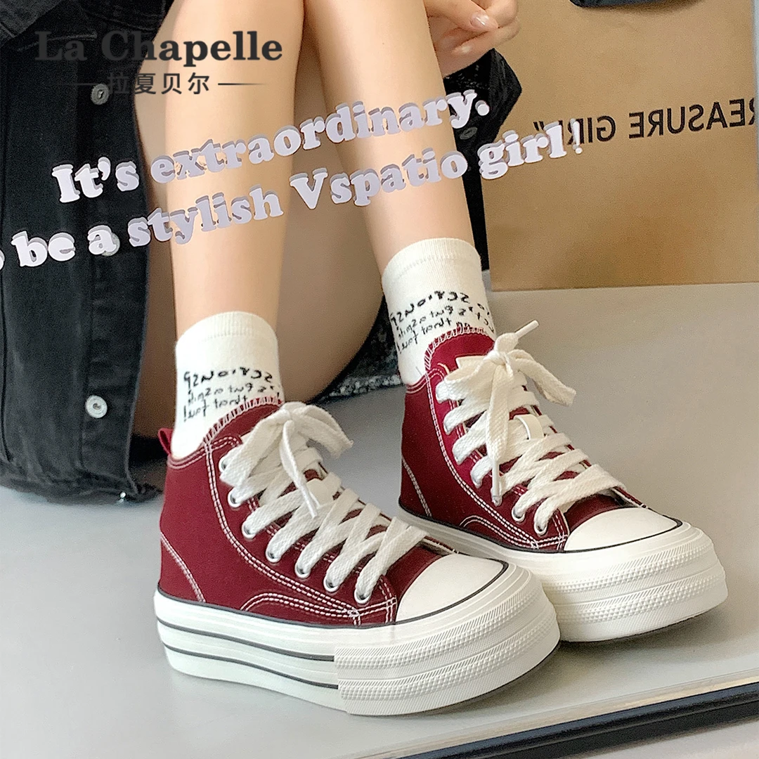 拉夏贝尔安可拉红帆布鞋女2025冬季新款经典百搭运动学生增高板鞋