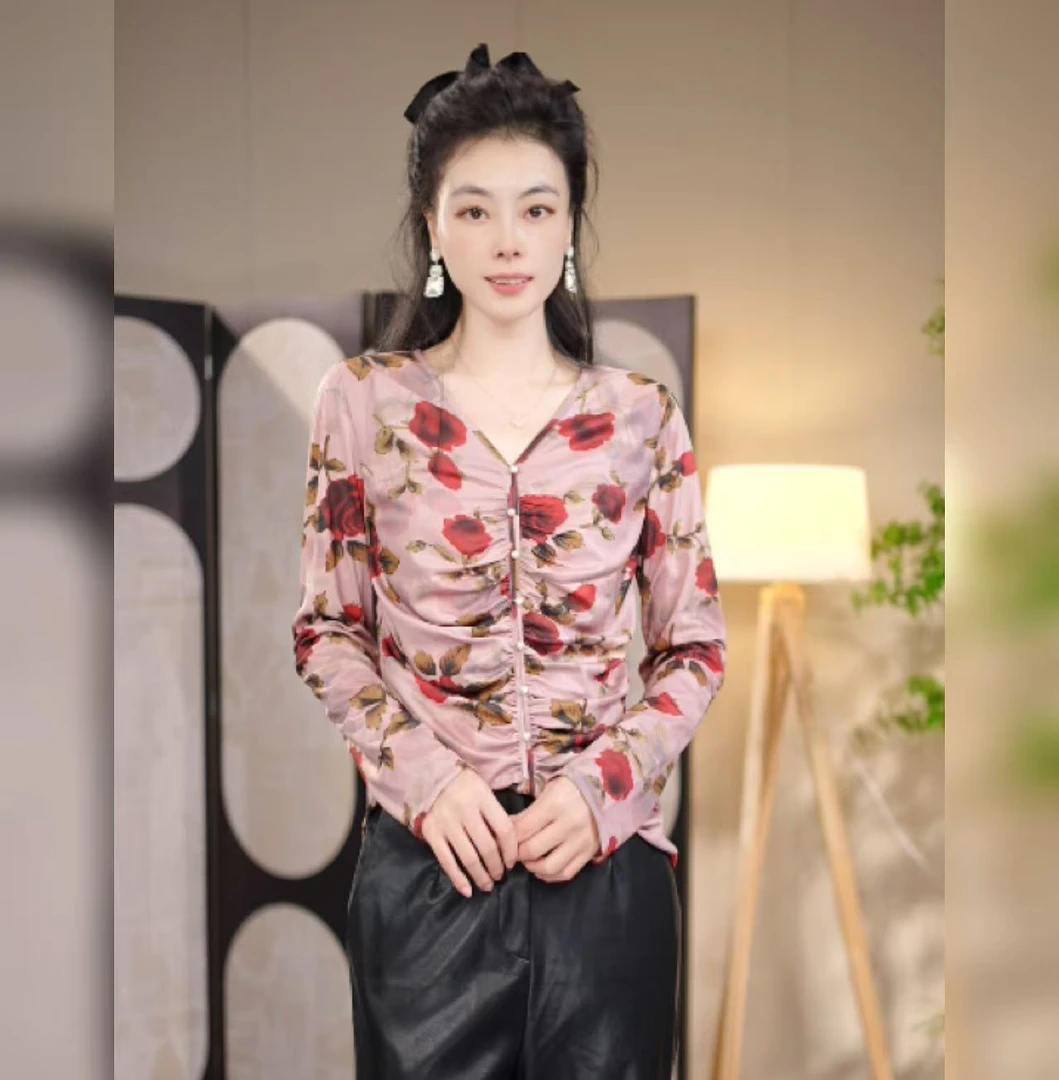 【多米拉】16524玫瑰絮语秋冬上衣打底小衫时尚百搭印花休闲