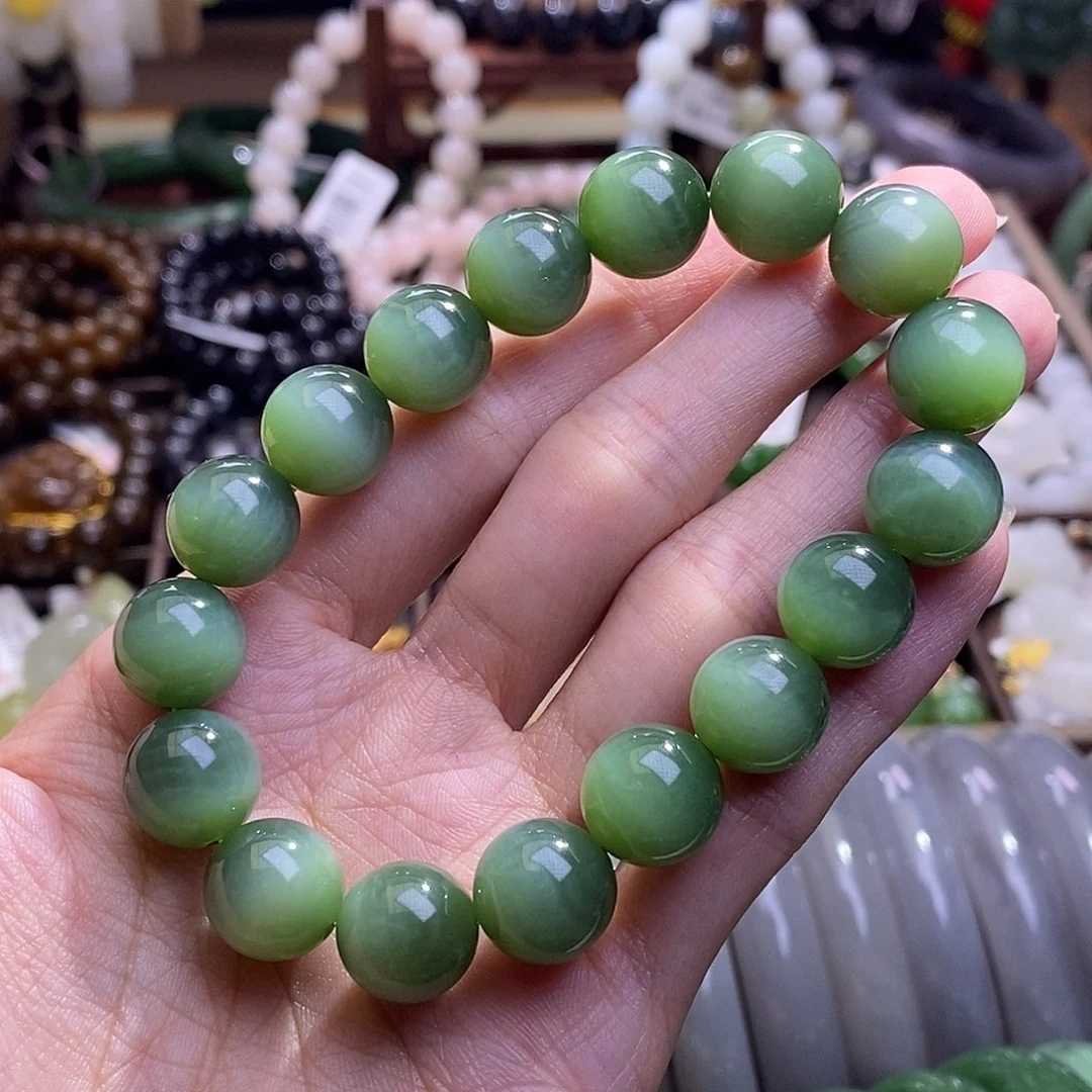 颈饰未镶嵌和田玉碧玉粉青猫眼手串12MM