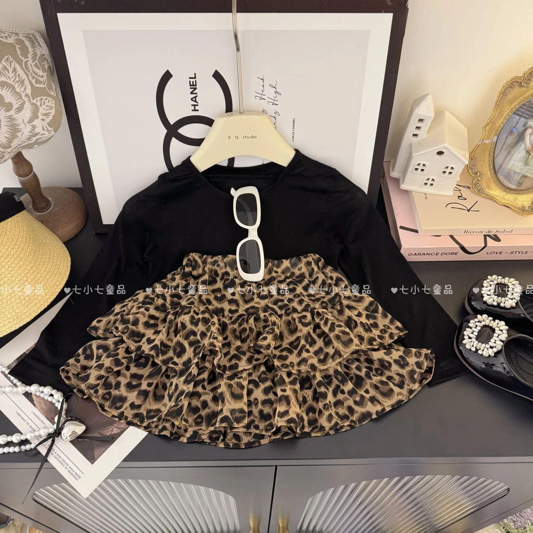 女童春季新款简约T恤➕高腰豹纹荷叶边蛋糕裙半身裙C23072