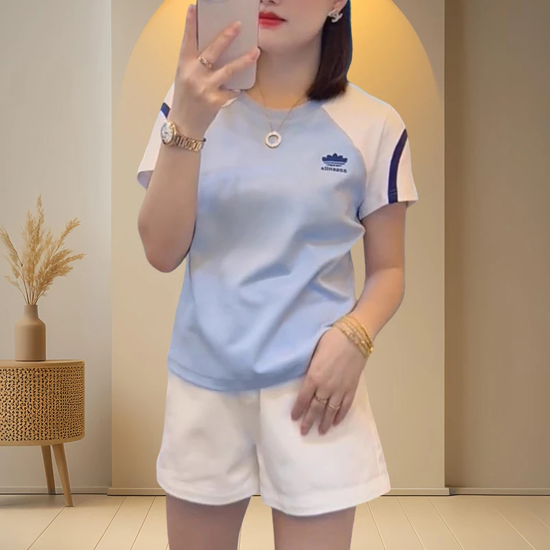 纯棉圆领拼色短袖女款爆款2025新款衣服女款夏天正肩T恤百搭上衣