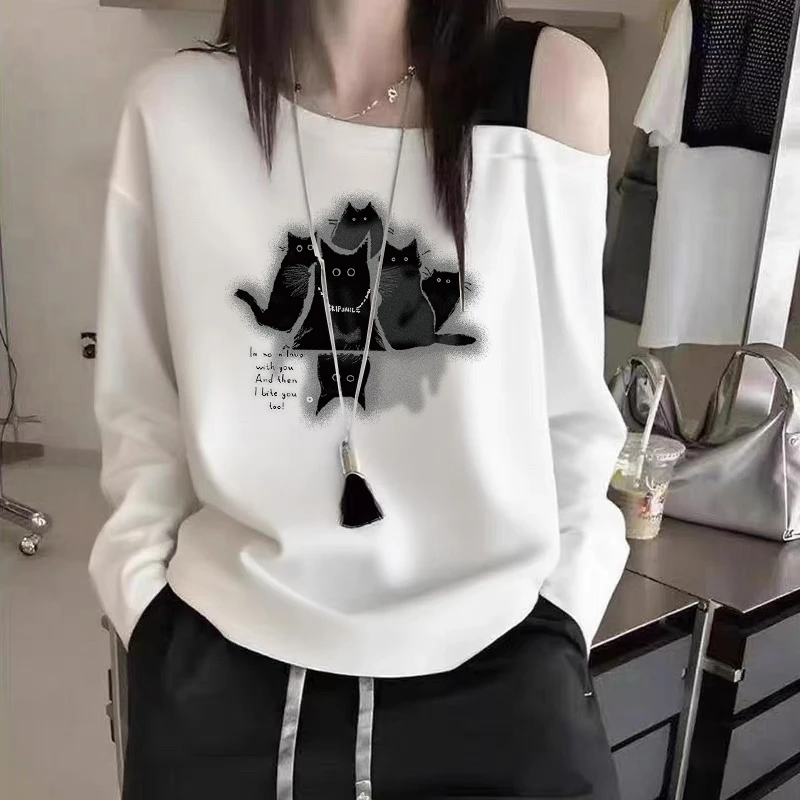 韩版斜肩吊带撞色字母印花长袖t恤女夏季宽松显瘦上衣大码胖妹妹