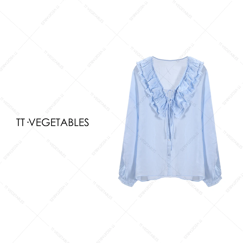 TT・VEGETABLES【序白】塞纳河畔 110支苎麻长袖荷叶边衬衫512168