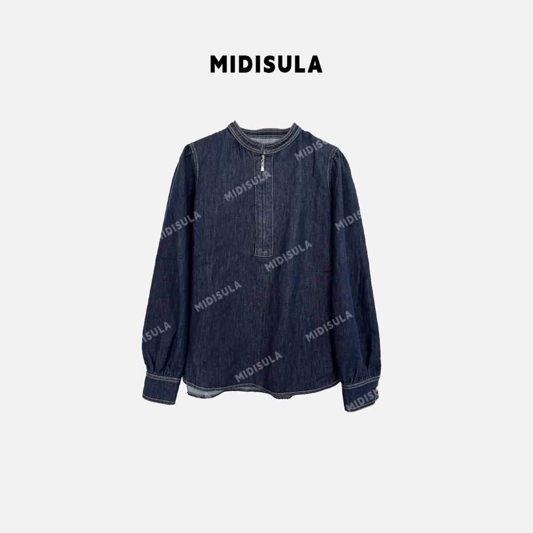 【H.MDSL】立领半拉链宽松显瘦百搭抓绒牛仔衬衫上衣#1840泡泡袖