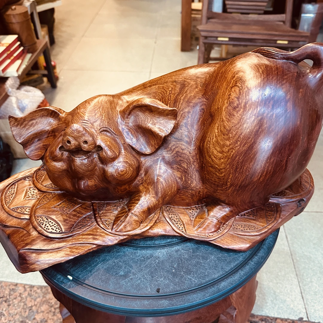 缅甸花梨十二生肖福猪整木精雕大果紫檀红木客厅办公室摆件工艺品
