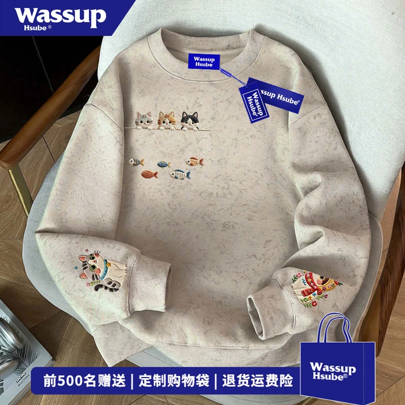 WASSUP HSUBE 高级感可爱小猫印花圆领卫衣秋冬百搭扎染无帽上衣