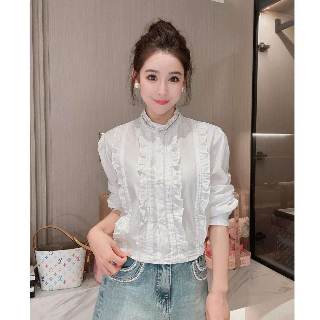木耳常规长袖百搭不起球短款衬衫娃娃领设计感夏季小众气质