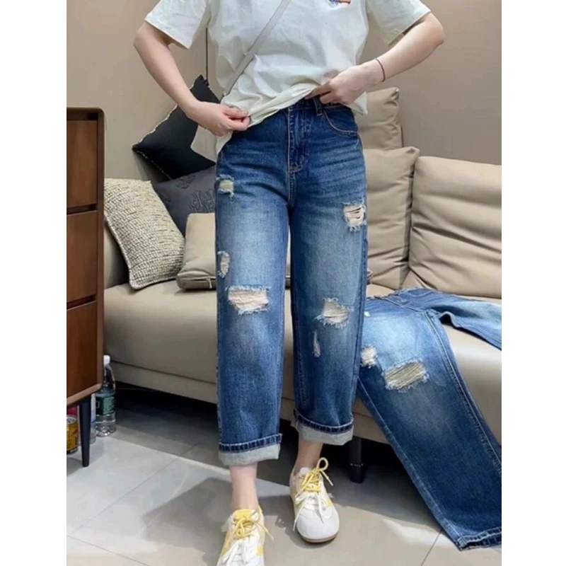 2025夏季新款九分高腰破洞法棍牛仔裤女新款小个子微胖显瘦直筒裤