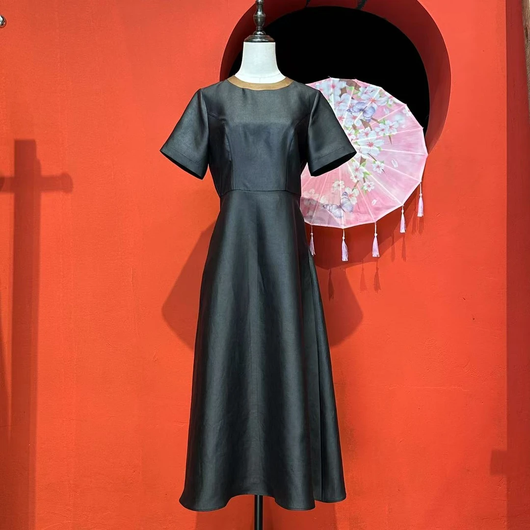 艾可原创修身款夏季复古连衣裙长款黑色素平缎平板香云纱长120起