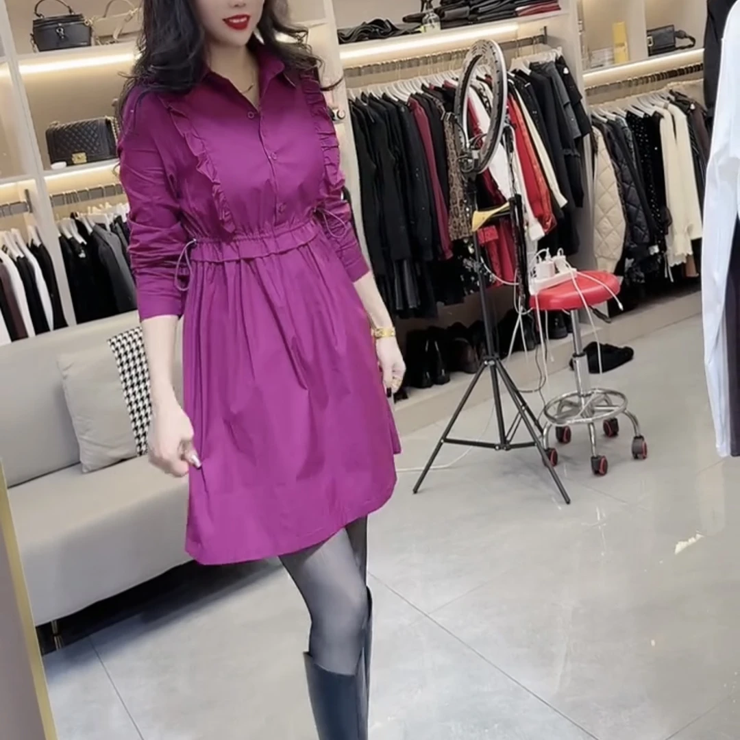 秋冬季时尚收腰显瘦木耳边半开领中长款衬衫连衣裙女