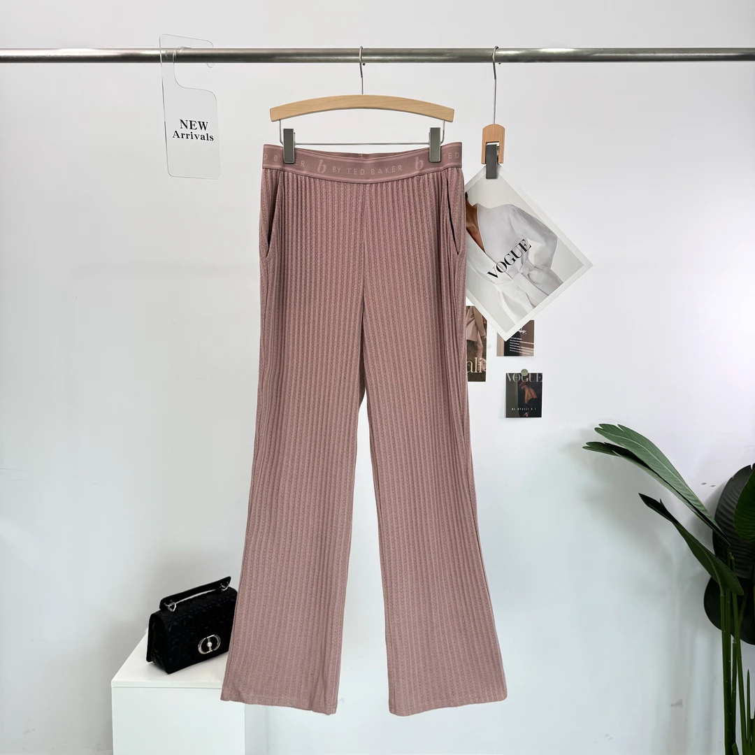 B164欧美高货款高腰螺纹针织嵌竖条休闲高端夏季女裤大码宽松舒适