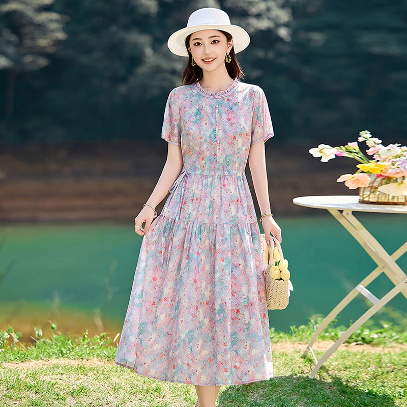 高端气质休闲纯棉短袖碎花连衣裙女2025夏季新款时尚收腰显瘦裙子