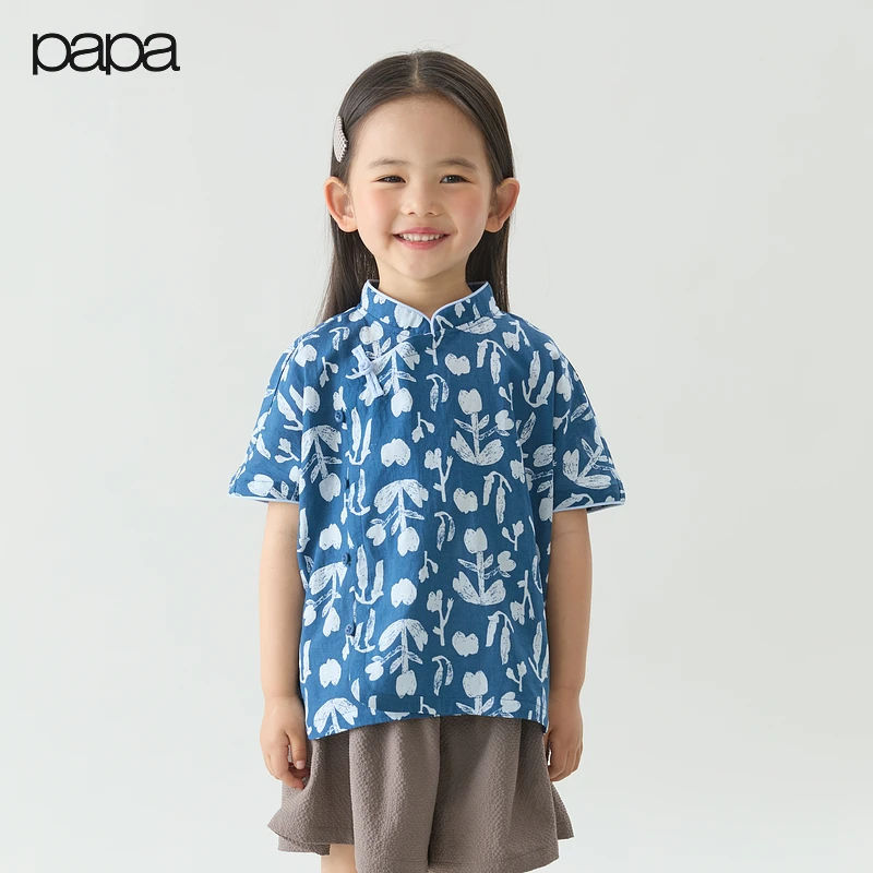 【天丝麻】papa爬爬夏季儿童中式衬衫斜开襟男女童短袖百搭休闲