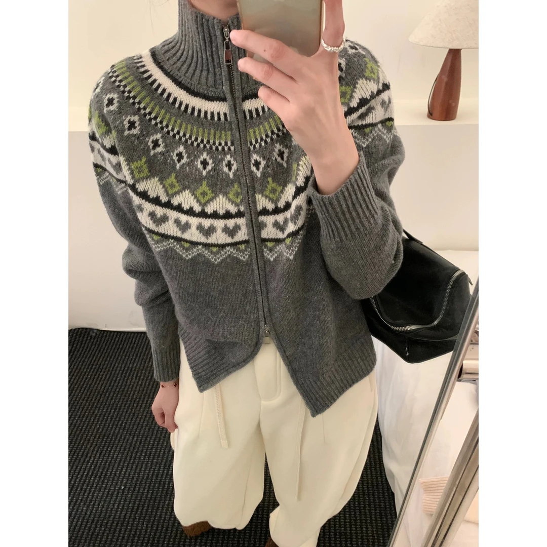 全羊毛费尔岛开衫加厚针织短款复古宽松圆领秋冬提花针织