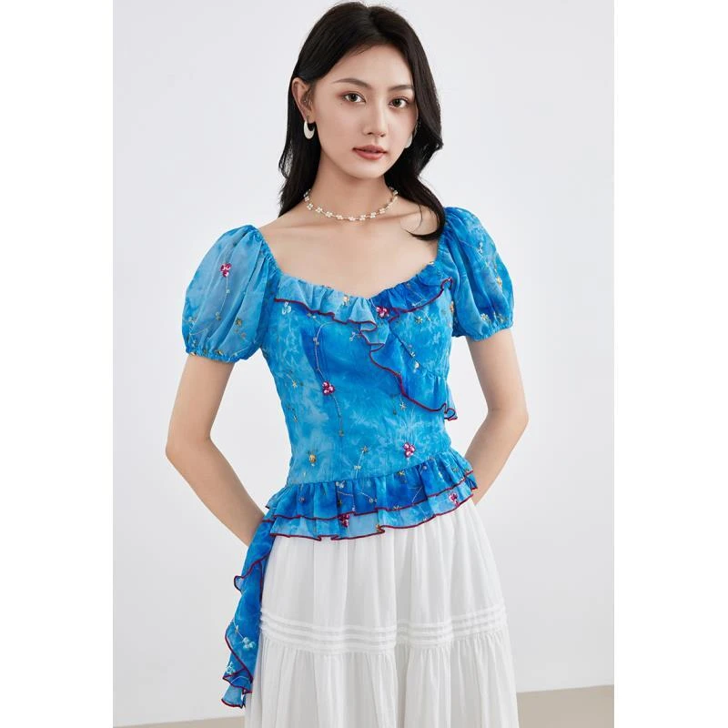 爱客泡泡袖荷叶边碎花少女风YA25224Z003