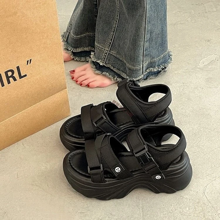 新款凉皮鞋松糕跟露趾沙滩鞋超高跟时装时尚学生平底夏季ins外穿