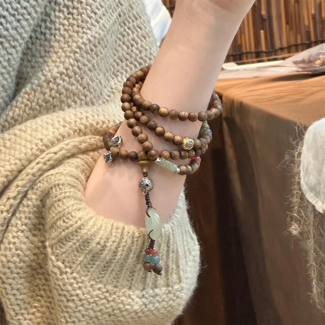 S09060  s925银香香南红翡翠和田玉六字真言珠弹力手串长款民族风