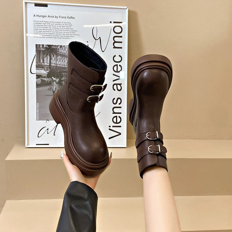 8152小个子厚底增高马丁靴女秋冬复古中筒骑士2024高级感短靴子