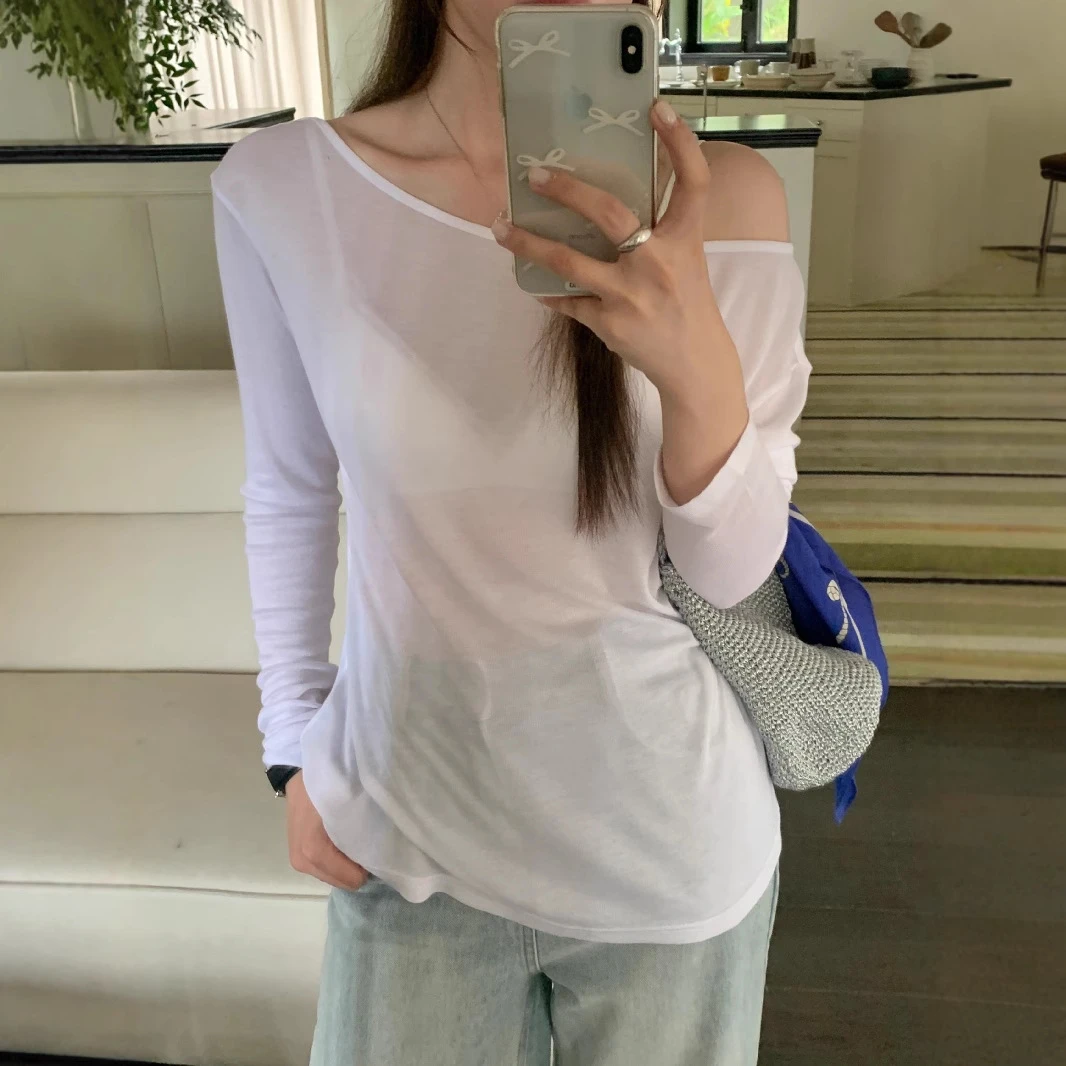 【甜蜜诱惑】实拍 韩系薄款长袖T恤防晒罩衫斜肩宽松薄款T恤女装