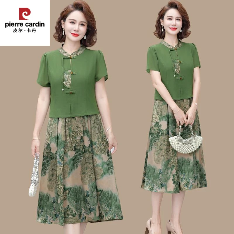 皮尔卡丹新中式妈妈连衣裙夏装新款国风气质裙中老年女夏季假两件
